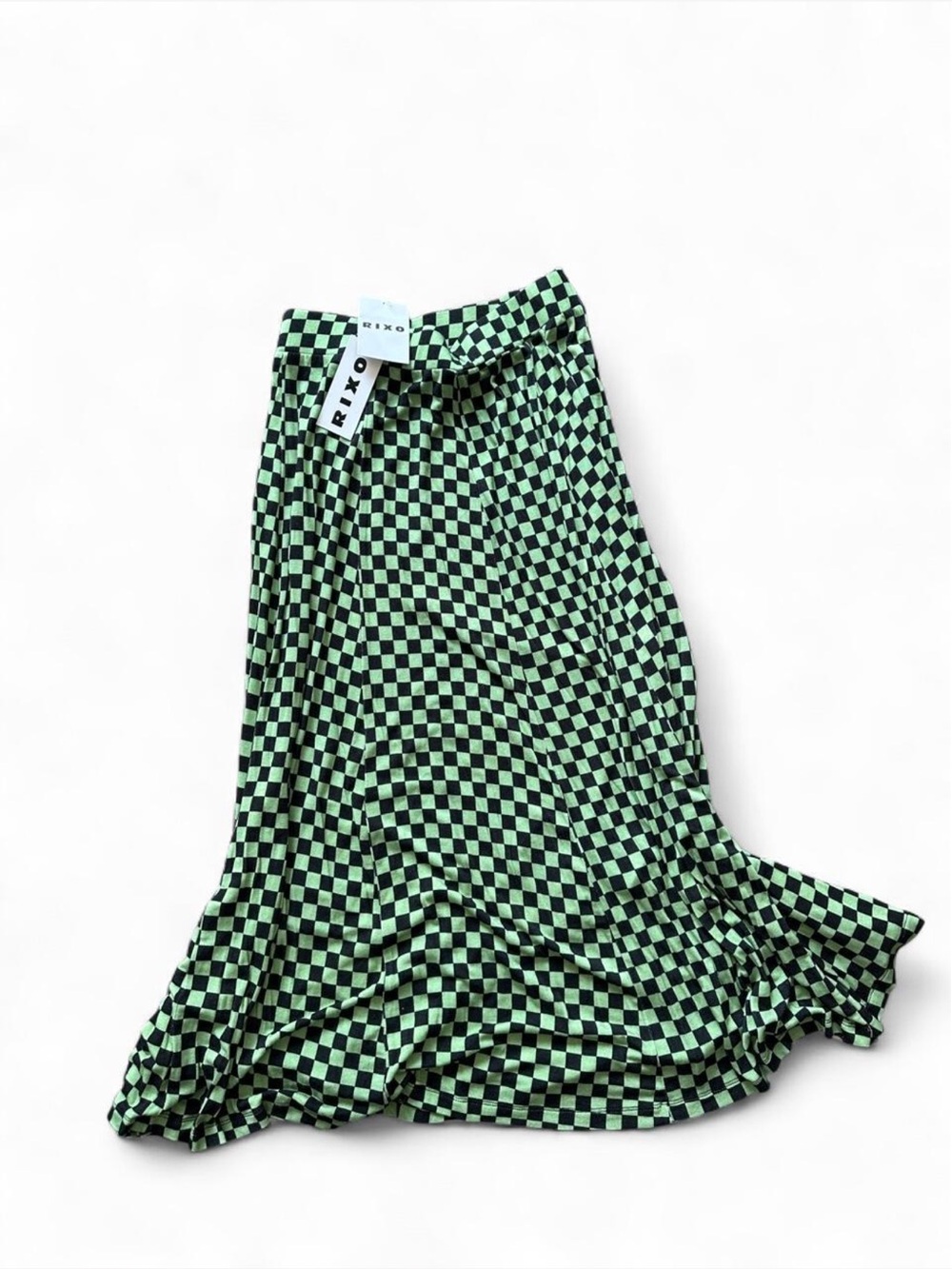 RIXO Black and Mint Green Checkerboard Midi Skirt